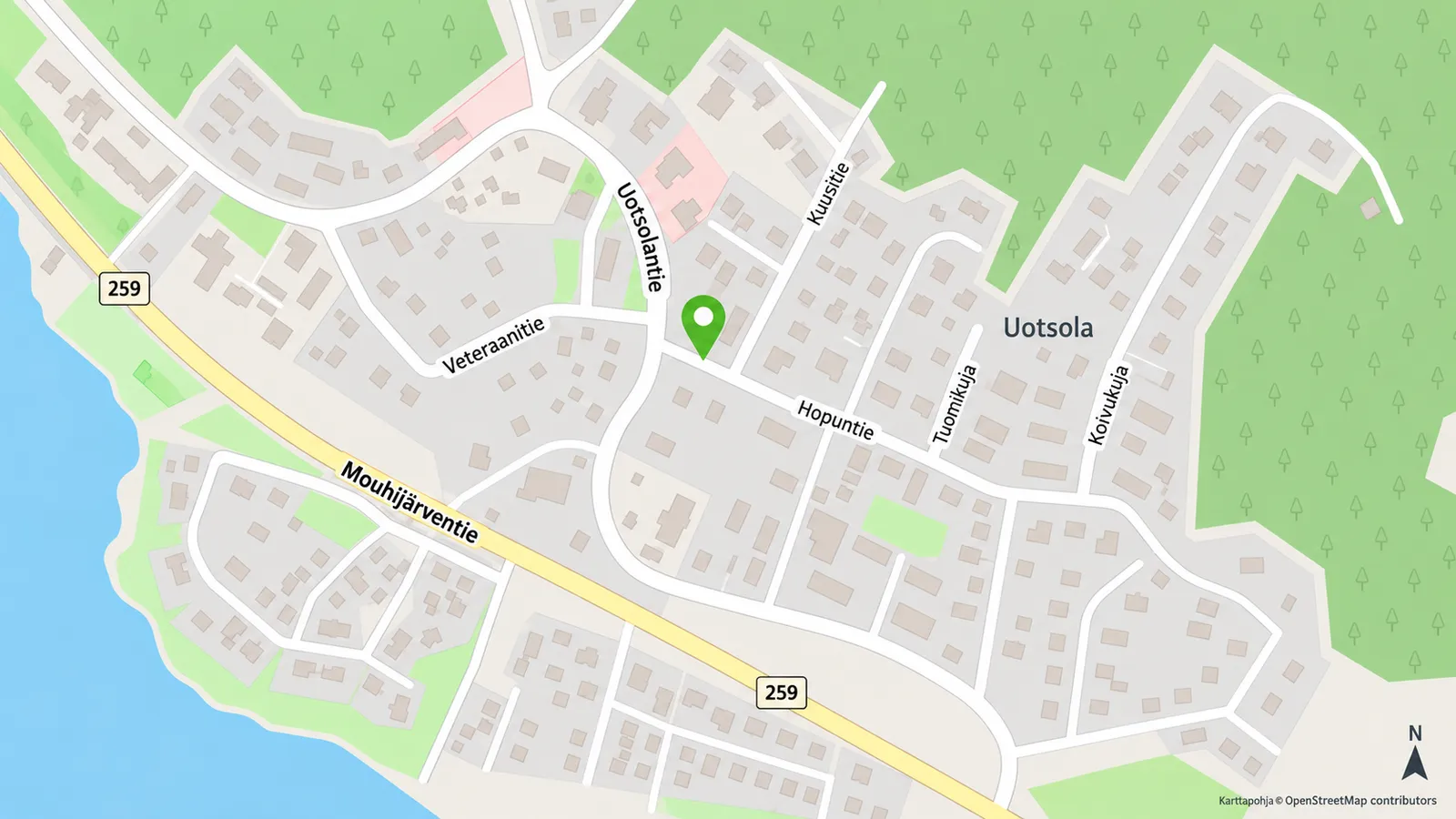 Kartta Mouhijärven keskustasta, merkintä osoitteessa Hopuntie 1